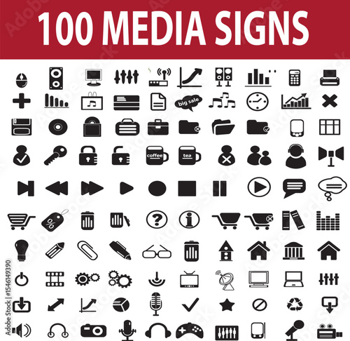 Collection of one hundred black and white media related icons and symbols