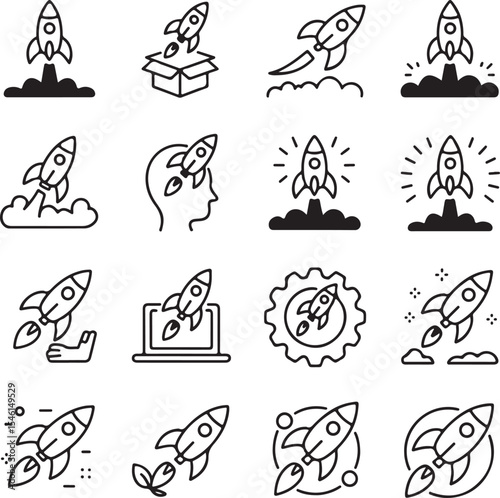Rocket Launch Icons Startup, Innovation, Growth, and Success Symbols