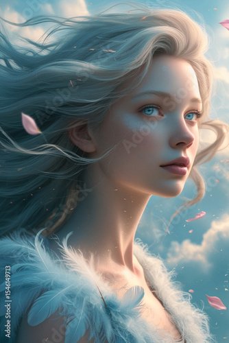 Wind Fairy with White Feather Dress and Floating Petals