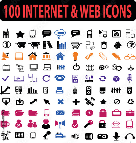 Collection of one hundred internet and web icons for various digital applications