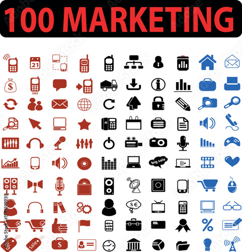 Collection of one hundred marketing and business related vector icons in various colors and designs