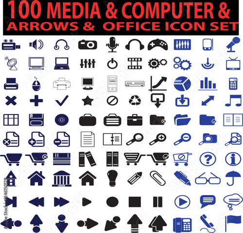 Collection of one hundred media computer arrows and office related icons in vector format