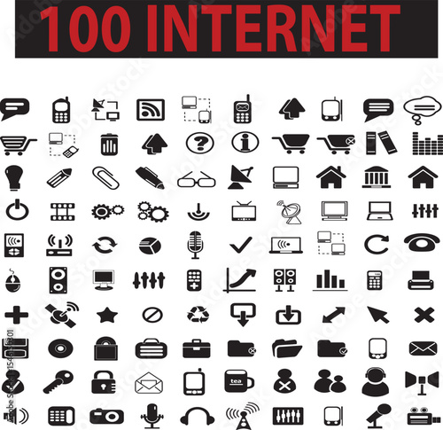 Collection of one hundred modern black internet related icons for digital communication and online tasks