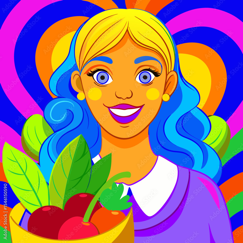 Ultra HD portrait of a young woman smiling and holding a reusable bag full of fresh vegetables at a vibrant farmers market, shallow depth of field
