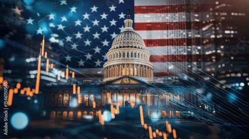 United States capitol building in Washington with American flag and financial stock market data overlay. US economy and business concept.