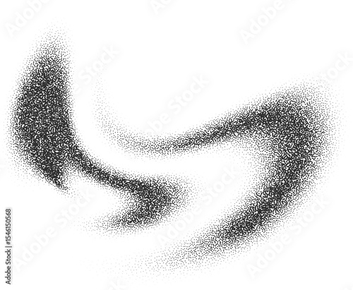 Grainy dotted gradient with pattern of noise texture. Wavy brushstroke with dust effect. Stipple splash and shadow. Fluid liquid halftone fade