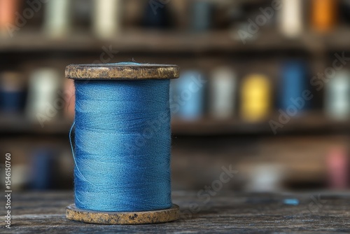 A vibrant blue spool of thread, bright blue spool of thread positioned upright