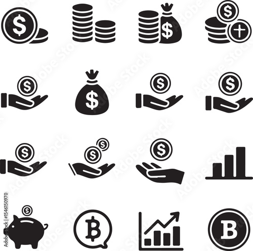 Financial Icons Money, Coins, Currency, Investment, and Bitcoin Symbols