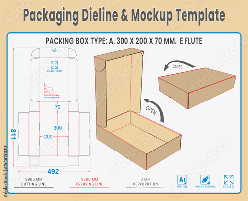Packaging Dieline and Mockup Template. Dieline Real Shape and Dimension. Mockup Template. Fully editable vector. Equipped die cut lengths prepared for production.