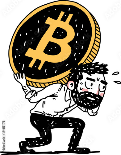 Man struggling to carry a giant bitcoin coin icon. Heavy burden of cryptocurrency investment. Financial stress concept for digital economy.