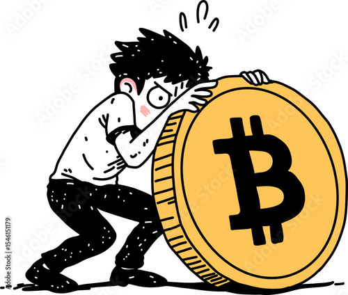 Man holding a giant bitcoin coin, representing cryptocurrency investment, digital asset concept for finance and blockchain.