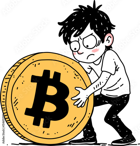 Confused man pushing a large bitcoin coin. Cryptocurrency price volatility and digital asset investment concept for finance.