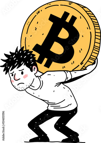 Young man carrying a giant bitcoin coin on his back, illustrating crypto burden and financial pressure. Digital currency struggle concept.