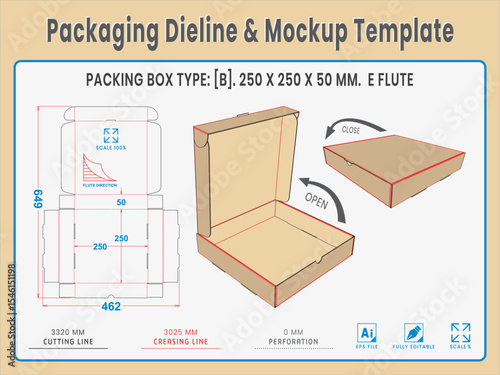 Packaging Dieline and Mockup Template. Dieline Real Shape and Dimension. Mockup Template. Fully editable vector. Equipped die cut lengths prepared for production.
