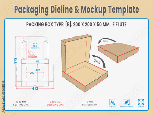 Packaging Dieline and Mockup Template. Dieline Real Shape and Dimension. Mockup Template. Fully editable vector. Equipped die cut lengths prepared for production.
