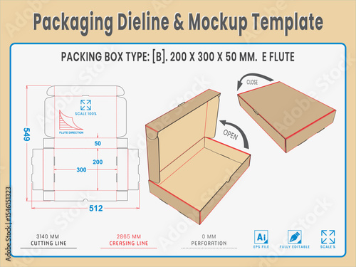 Packaging Dieline and Mockup Template. Dieline Real Shape and Dimension. Mockup Template. Fully editable vector. Equipped die cut lengths prepared for production.