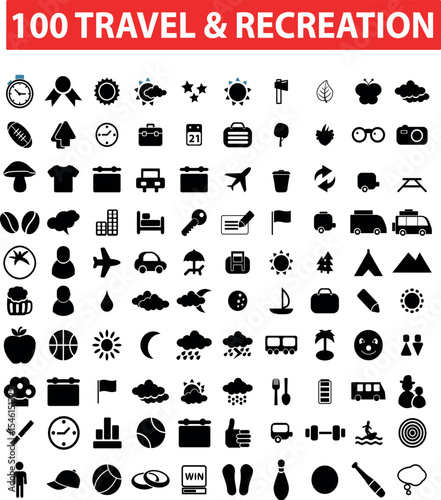 One hundred travel and recreation icons represented in simple black and white silhouettes