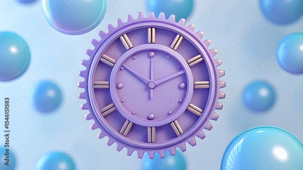 Fototapeta premium Lavender gear clock with pastel blue spheres