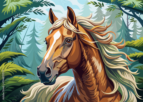 Majestic horse with flowing mane and calm gaze standing in tranquil forest elegant animal vector illustration ideal for posters, branding, or equine-themed design projects