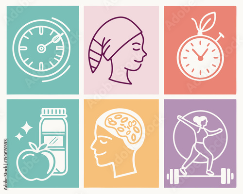 vector set of colorful flat icons representing healthy lifestyle: balanced diet, yoga, workout, sleep, hydration, and mental wellness. Clean, consistent line art style with soft gradients and pastel b
