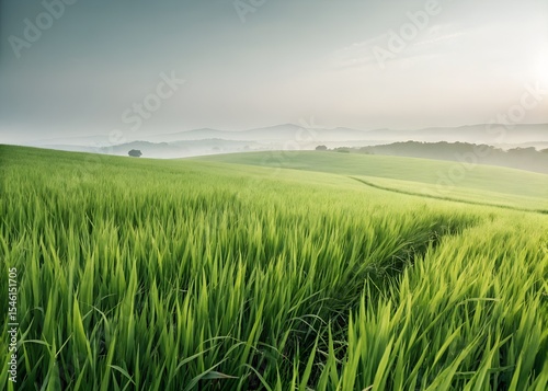 Lush Green Meadow Landscape at Dawn with Misty Horizon