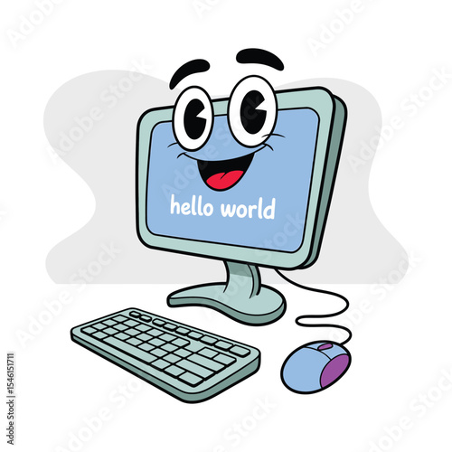 Cheerful cartoon computer with happy face keyboard mouse and hello world message vector illustration