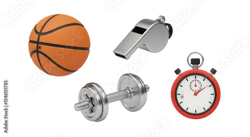 Orange Basketball Silver Dumbbell and Red Stopwatch on Transparent Background