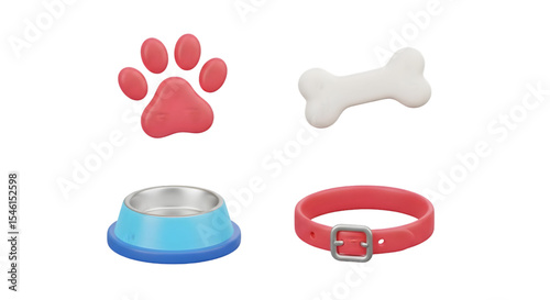 Dog Accessories Set Pink Paw Bone Blue Bowl and Collar on Transparent Background