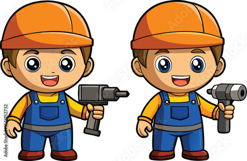 Funny cartoon builder and mechanic worker characters in safety helmets, perfect vector illustrations for construction and industrial uniform designs
