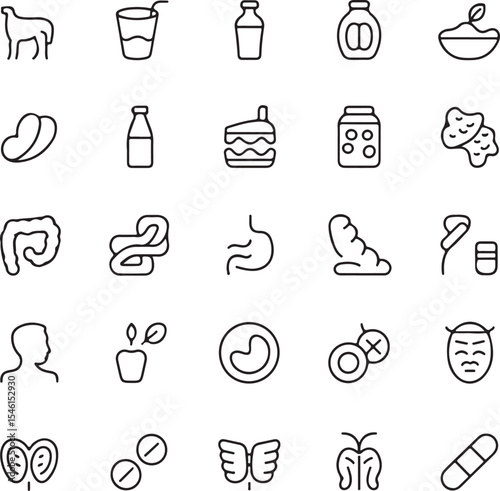 Gut Health Icons Digestive System, Probiotics, and Healthy Diet Symbols