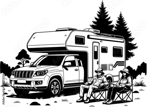 a truck camper parked in a wooded area, with two people sitting in chairs outside, enjoying a camping experience