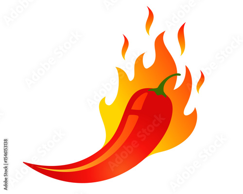 Hot red chilli pepper with fire. Vector emblem jalapeno or chilli pepper for Thai or Mexican food.