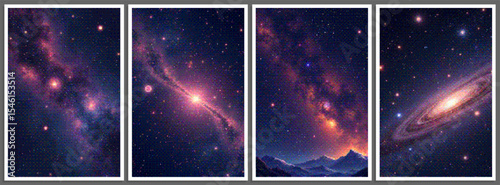 Set of pixelated posters with futuristic deep space scene in pixel art style with dithering effect. Retro space background for vintage cover, flyer, magazine or banner. Vector 8-bit illustration