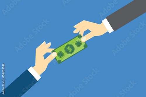 Hand Giving Money, Other Hand Takes The Money. Payment In Cash. Salary, Investment, Bribe And Donation Concepts