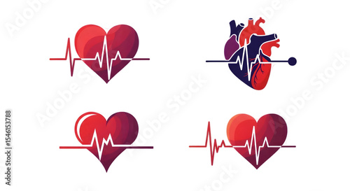 Graphic Heart Icons with Cardiogram on Transparent Background