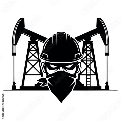 Worker Wearing a Hard Hat and Mask in Front of Oil Pumpjacks