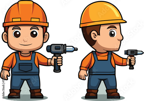 Funny cartoon construction workers and mechanics in helmets with tools illustrate various industrial occupations