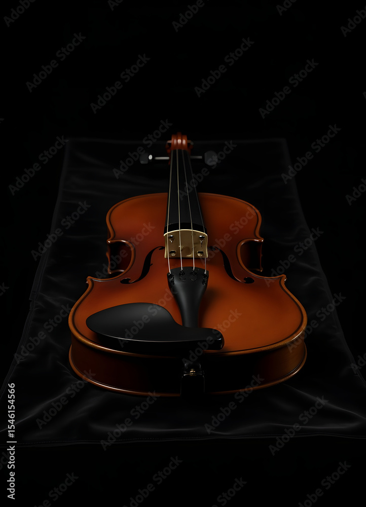 Naklejka premium A detailed shot of a violin, artfully arranged on black velvet for a classic appeal.