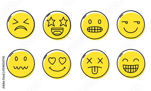 Hand drawn outline emoticons set. Diverse doodle emoticon faces collection
