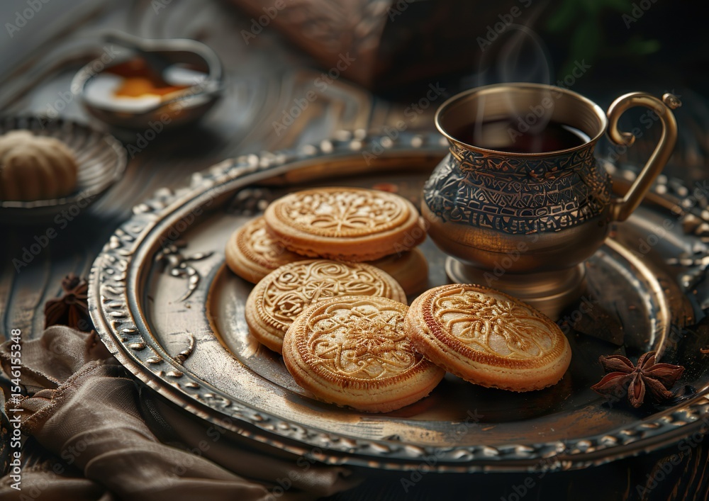 Fototapeta premium Golden Tray of Eid Cookies and Tea
