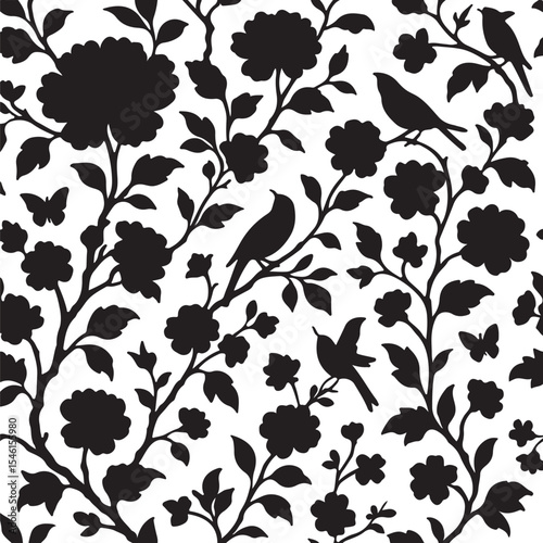 Chinoiserie Seamless Wallpaper silwhouette vector icon on white back round