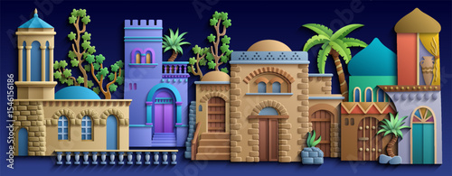 Colorful paper cut style vector illustration of an oriental city with domes, towers, and minarets. Perfect for Arabian, Islamic, and fairytale themed designs.