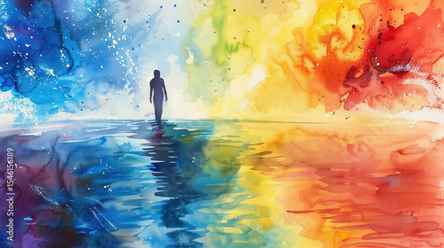 Surreal Watercolor Painting of Figure Walking on Rainbow background