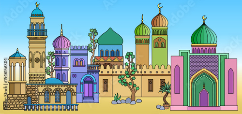Colorful vector illustration of an oriental city with domes, towers, and minarets. Perfect for Arabian, Islamic, and fairytale themed designs