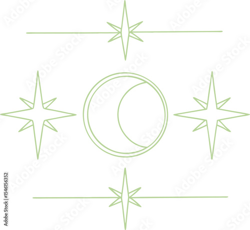 Minimalist green celestial design with stars and crescent moon outline, ideal for mystical themes, astrology graphics, and magical Perfect for posters, icons, and vector illustrations.