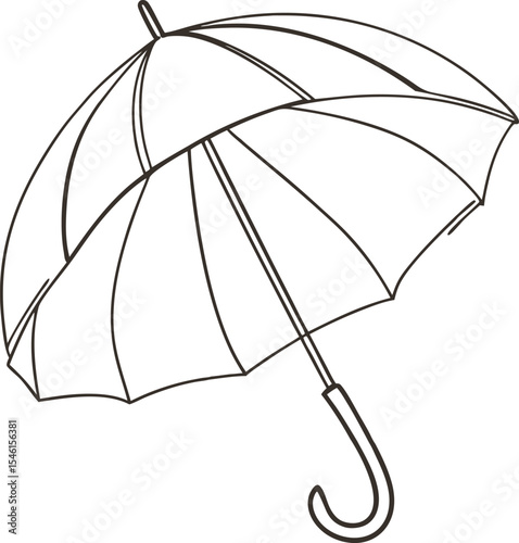 Outline drawing of an open umbrella with curved handle, ideal for weather icons, rainy day themes, fashion accessories, and seasonal illustrations. Perfect for minimalist vector designs and art.