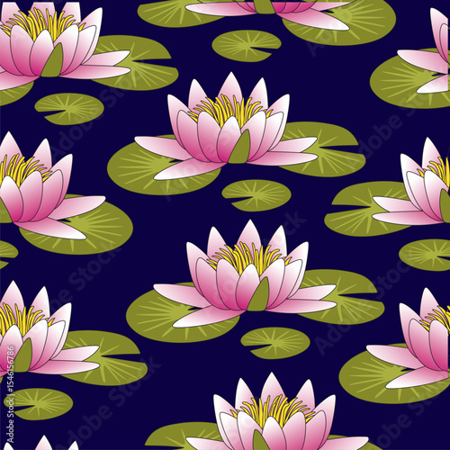 Seamless background of pink water lilies on dark blue background water.