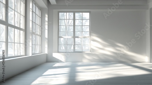 A clean  white room with sunlight streaming in through the window  casting shadows on an empty wall .