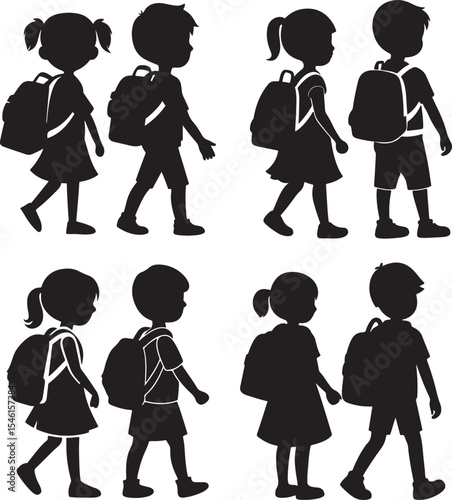 set of kids carrying school bag silhouette, black and white silhouette, vector and illustration