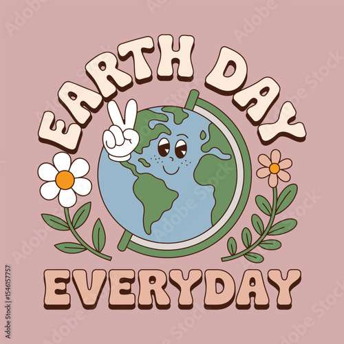 Earth day everyday illustration featuring a smiling earth globe and peace sign with flowers